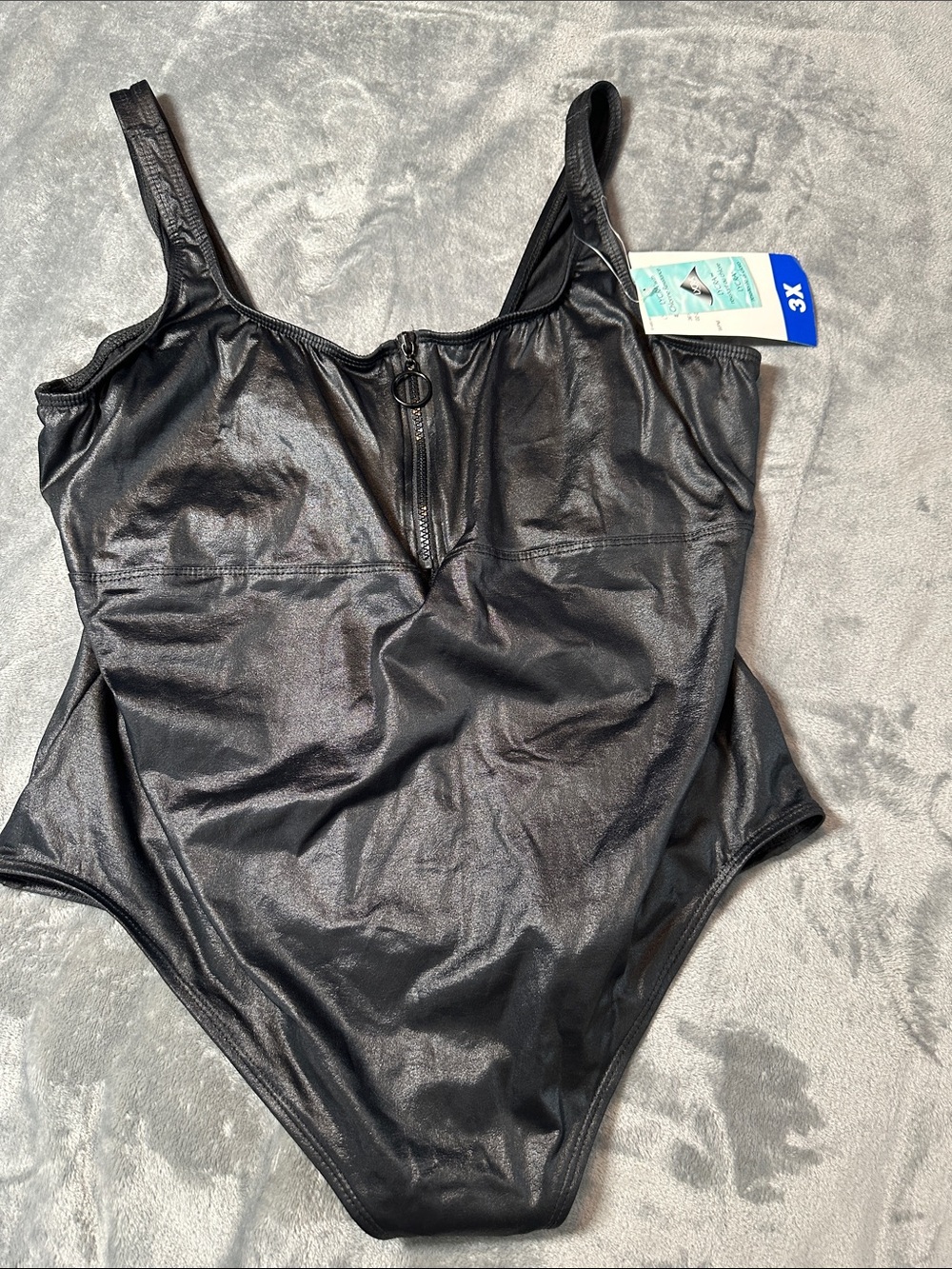 NWT Beach Cabana Woman Black Shiny One-Piece Swimsuit w/Front Zip Sz 3X 🏖️